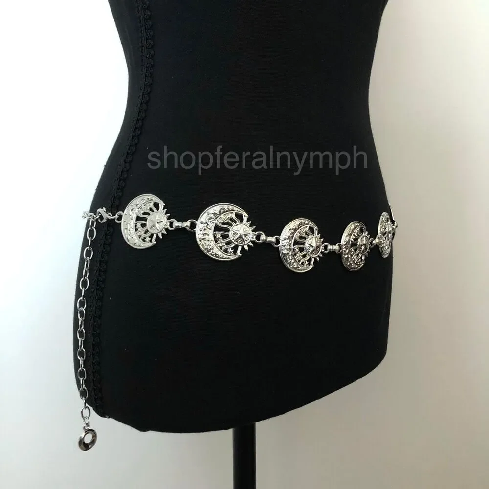 Vintage Y2K Celestial Silver Sun and Moon Chain Belt, 19.5–39 Inches, X7GA1149